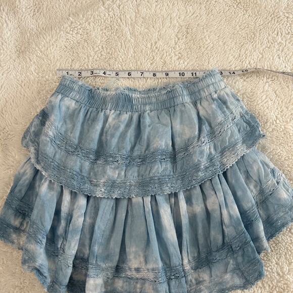 LOVE SHACK FANCY Sz XS Blue Cotton Tiered Ruffle Mini Skirt Lace Elastic Waist - Picture 4 of 6